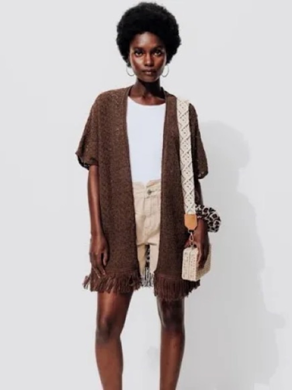 aerie Brown Fringe Open-Front Poncho Cardigan